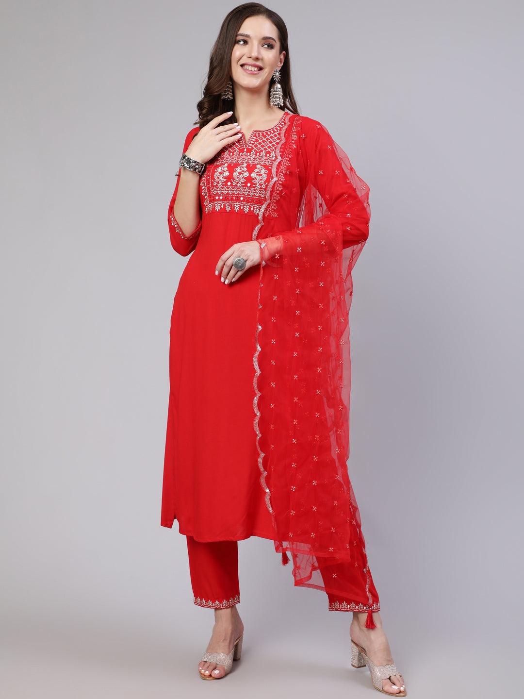 Women Red Embroidered Straight Kurta With Trouser And Net Dupatta | LASVINI - Redefining Indian Fashion with Elegance