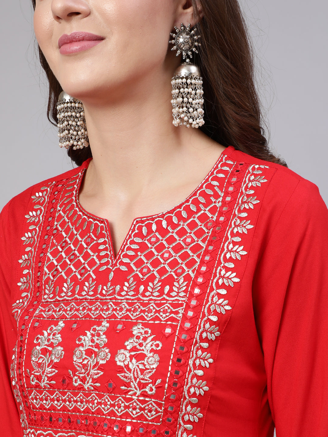 Women Red Embroidered Straight Kurta With Trouser And Net Dupatta | LASVINI - Redefining Indian Fashion with Elegance