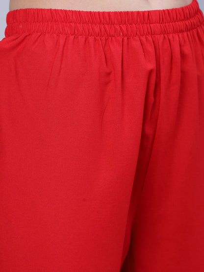 Women Red Embroidered Straight Kurta With Trouser And Net Dupatta | LASVINI - Redefining Indian Fashion with Elegance