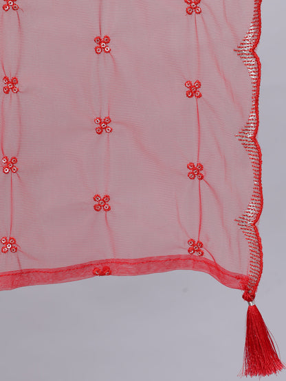 Women Red Embroidered Straight Kurta With Trouser And Net Dupatta | LASVINI - Redefining Indian Fashion with Elegance