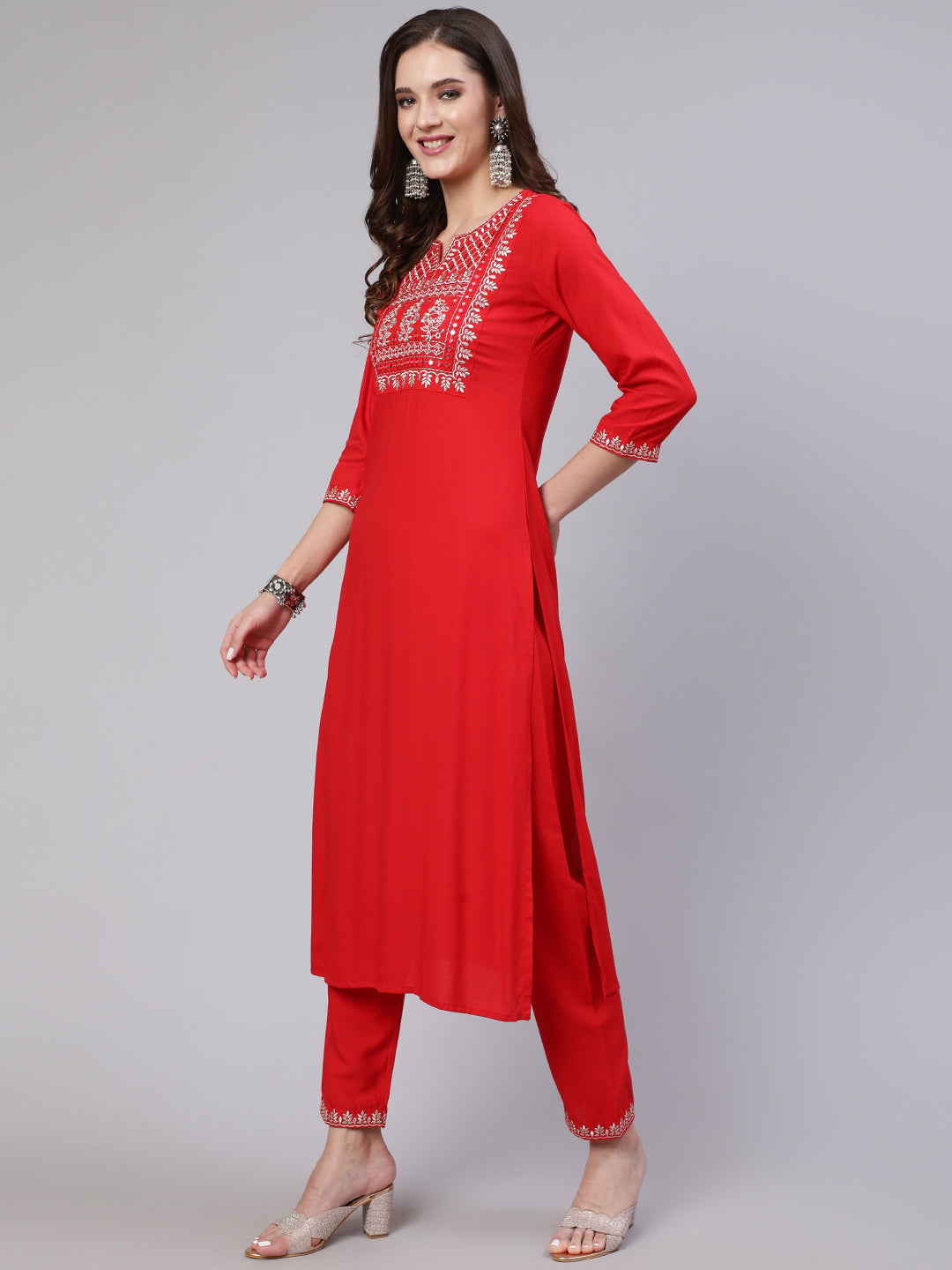 Women Red Embroidered Straight Kurta With Trouser And Net Dupatta | LASVINI - Redefining Indian Fashion with Elegance