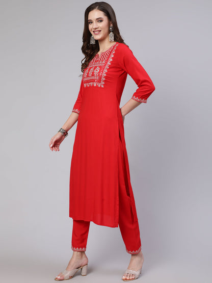 Women Red Embroidered Straight Kurta With Trouser And Net Dupatta | LASVINI - Redefining Indian Fashion with Elegance