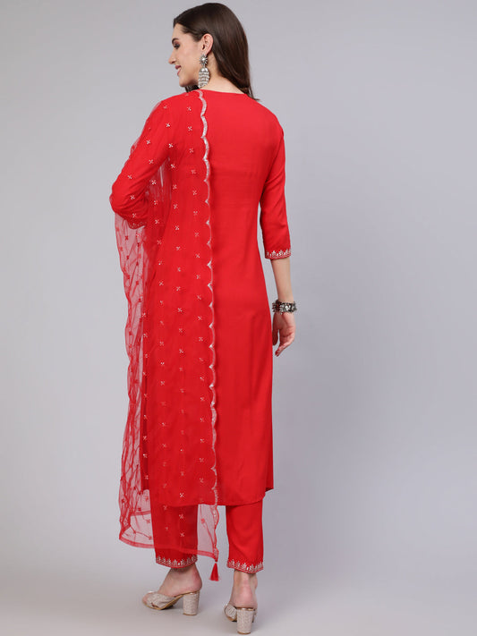 Women Red Embroidered Straight Kurta With Trouser And Net Dupatta | LASVINI - Redefining Indian Fashion with Elegance