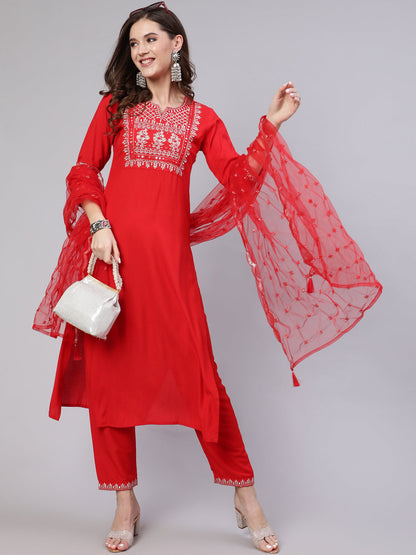 Women Red Embroidered Straight Kurta With Trouser And Net Dupatta | LASVINI - Redefining Indian Fashion with Elegance