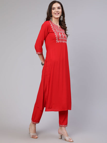 Women Red Embroidered Straight Kurta With Trouser And Net Dupatta | LASVINI - Redefining Indian Fashion with Elegance