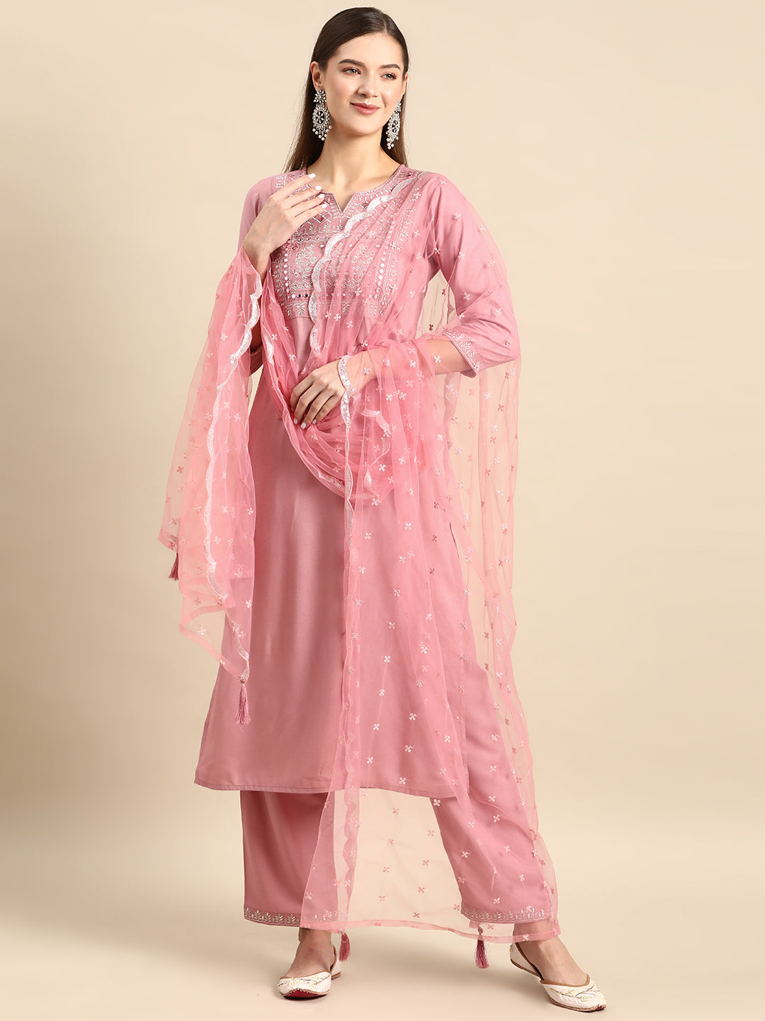 Women Mauve Embroidered Straight Kurta With Palazzo And Net Dupatta | LASVINI - Redefining Indian Fashion with Elegance