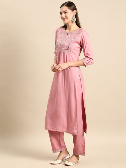 Women Mauve Embroidered Straight Kurta With Palazzo And Net Dupatta | LASVINI - Redefining Indian Fashion with Elegance