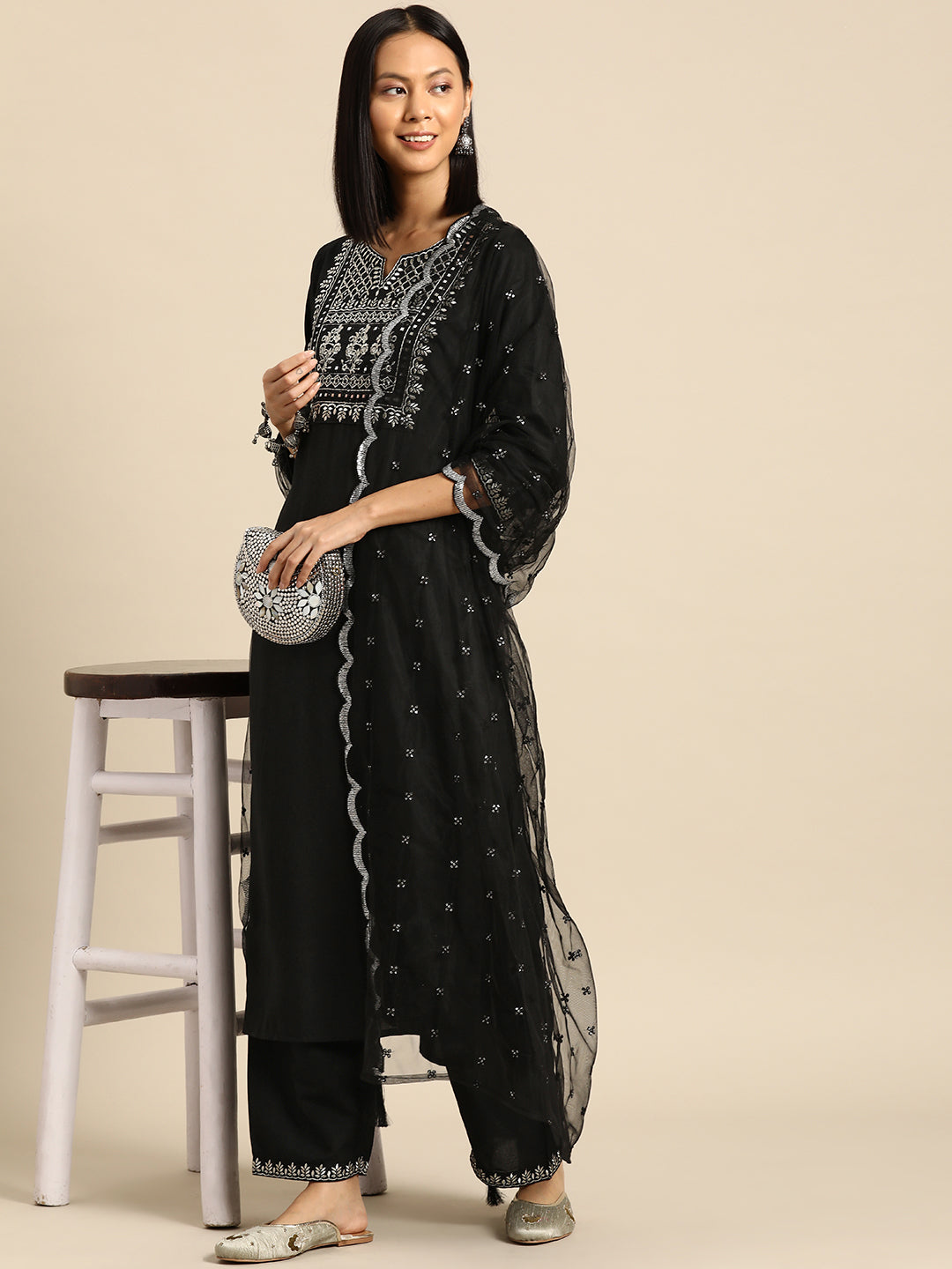 Women Black Embroidered Straight Kurta With Palazzo And Net Dupatta | LASVINI - Redefining Indian Fashion with Elegance