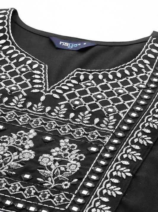 Women Black Embroidered Straight Kurta With Palazzo And Net Dupatta | LASVINI - Redefining Indian Fashion with Elegance