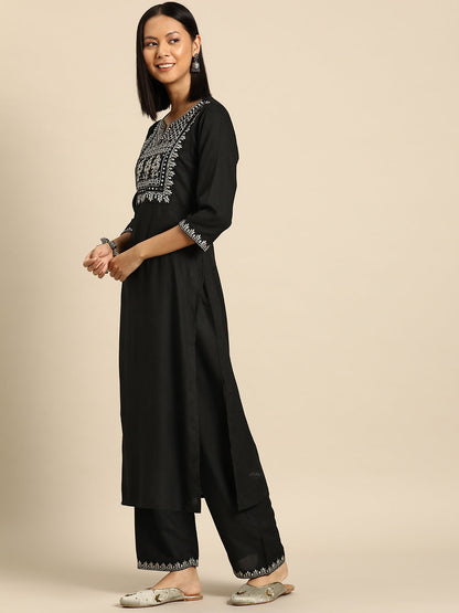 Women Black Embroidered Straight Kurta With Palazzo And Net Dupatta | LASVINI - Redefining Indian Fashion with Elegance