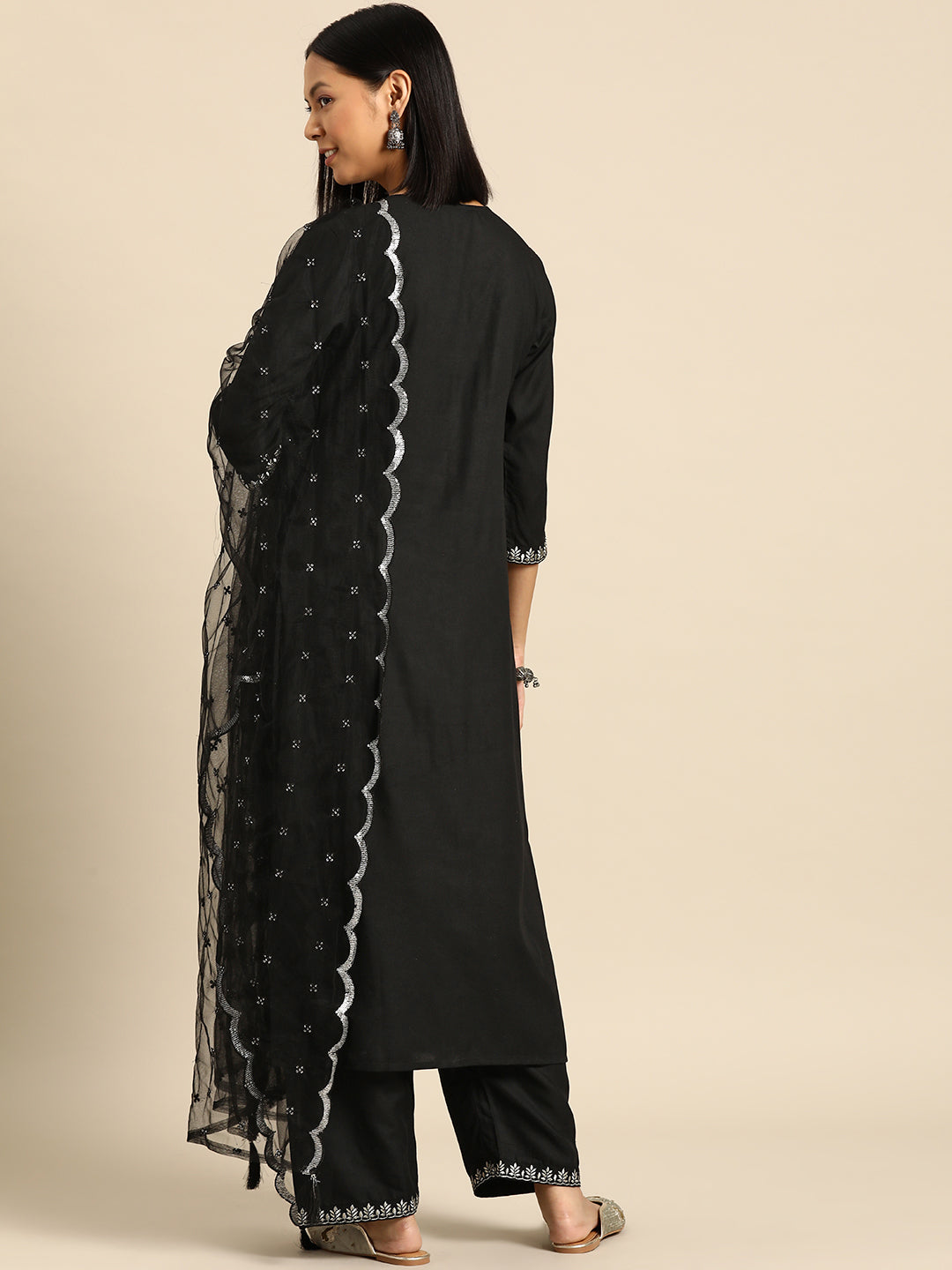 Women Black Embroidered Straight Kurta With Palazzo And Net Dupatta | LASVINI - Redefining Indian Fashion with Elegance