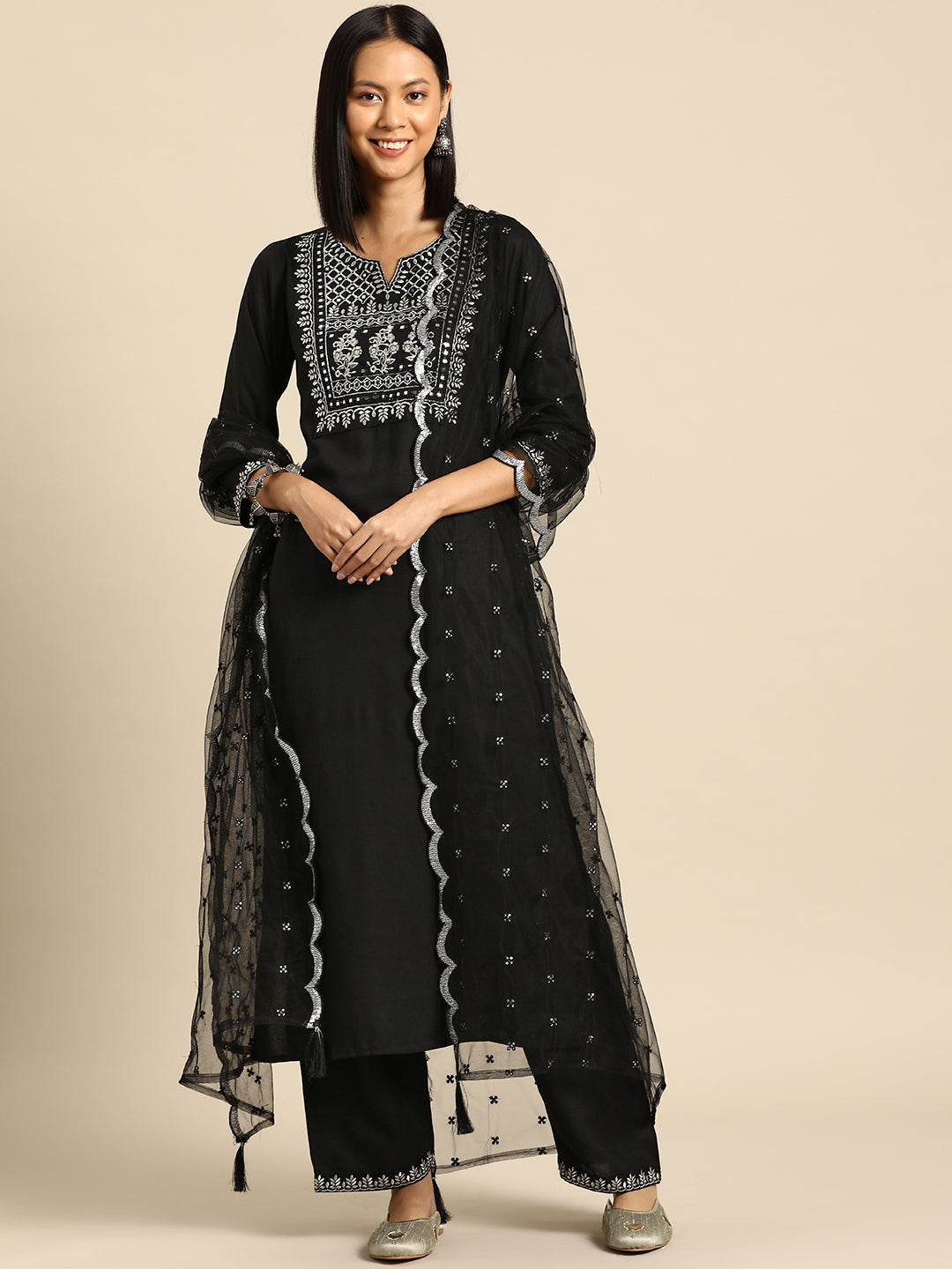 Women Black Embroidered Straight Kurta With Palazzo And Net Dupatta | LASVINI - Redefining Indian Fashion with Elegance