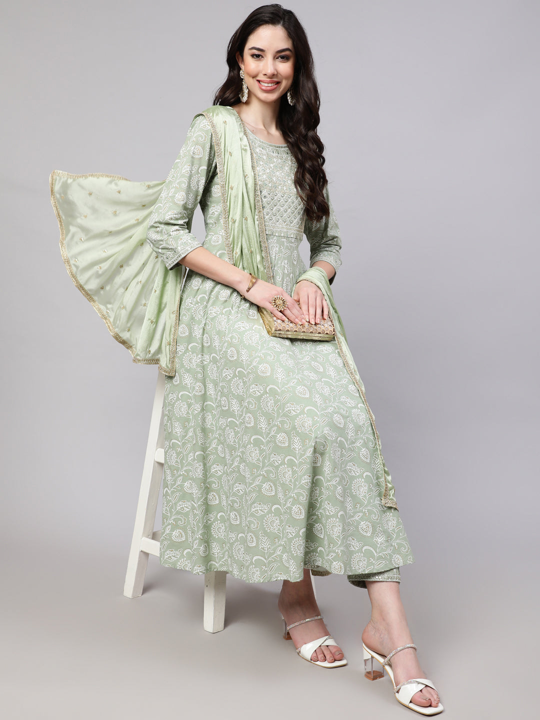 Women Green Embroidered Flared Kurta With Trouser And Dupatta | LASVINI - Redefining Indian Fashion with Elegance