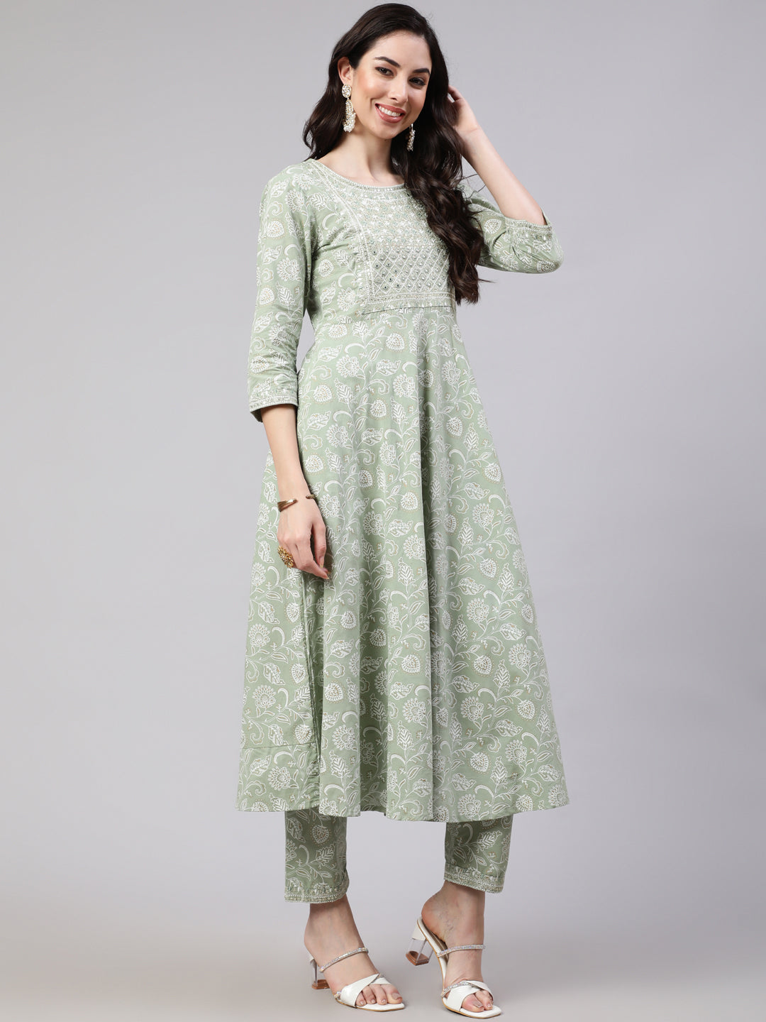Women Green Embroidered Flared Kurta With Trouser And Dupatta | LASVINI - Redefining Indian Fashion with Elegance