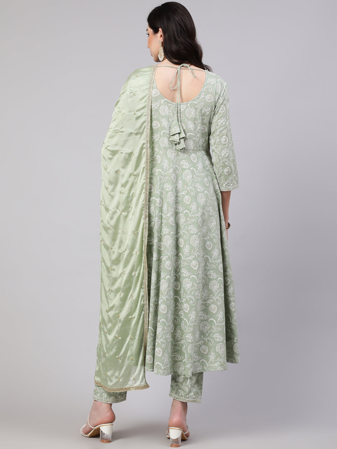 Women Green Embroidered Flared Kurta With Trouser And Dupatta | LASVINI - Redefining Indian Fashion with Elegance