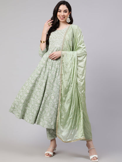Women Green Embroidered Flared Kurta With Trouser And Dupatta | LASVINI - Redefining Indian Fashion with Elegance