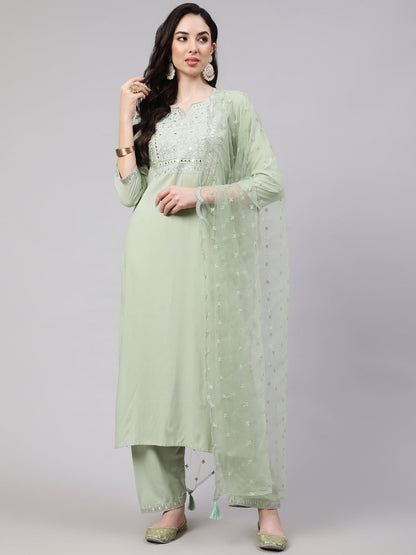 Women Green Embroidered Straight Kurta With Palazzo And Dupatta | LASVINI - Redefining Indian Fashion with Elegance