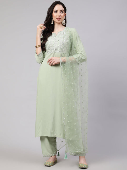 Women Green Embroidered Straight Kurta With Palazzo And Dupatta | LASVINI - Redefining Indian Fashion with Elegance