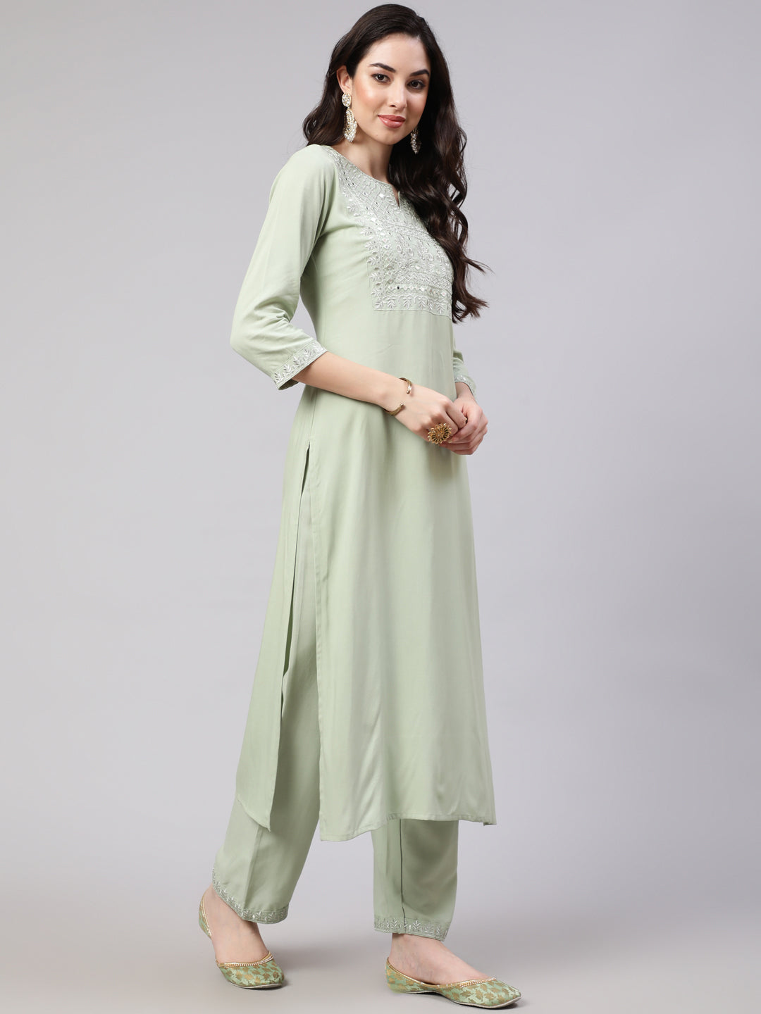 Women Green Embroidered Straight Kurta With Palazzo And Dupatta | LASVINI - Redefining Indian Fashion with Elegance