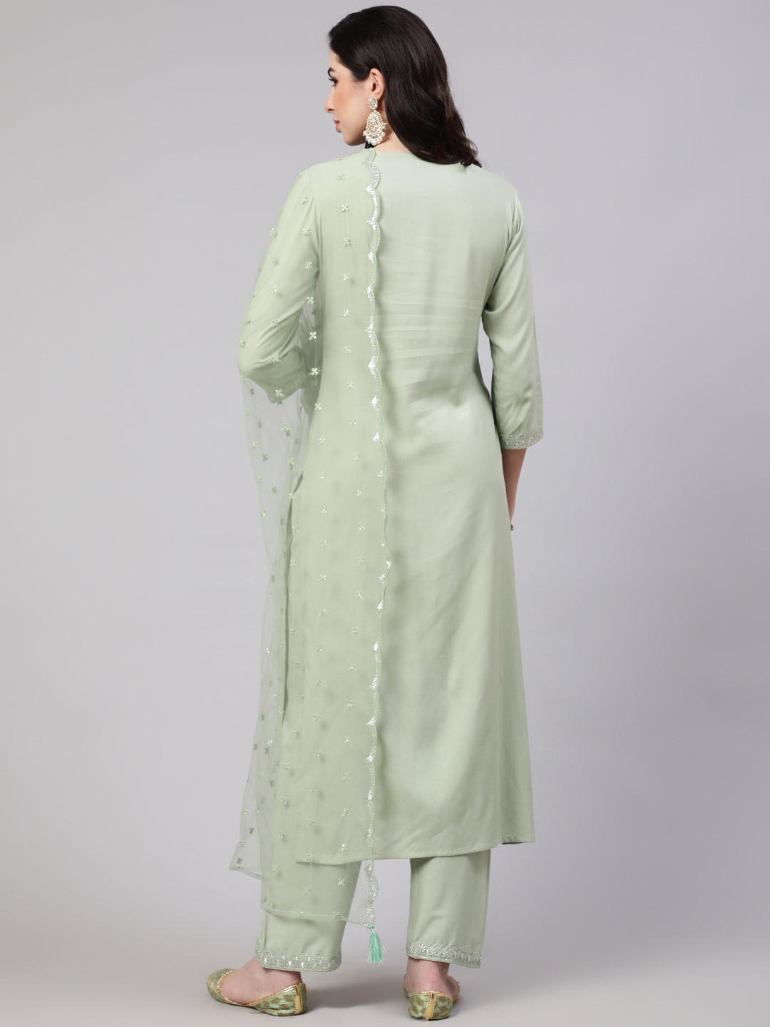 Women Green Embroidered Straight Kurta With Palazzo And Dupatta | LASVINI - Redefining Indian Fashion with Elegance