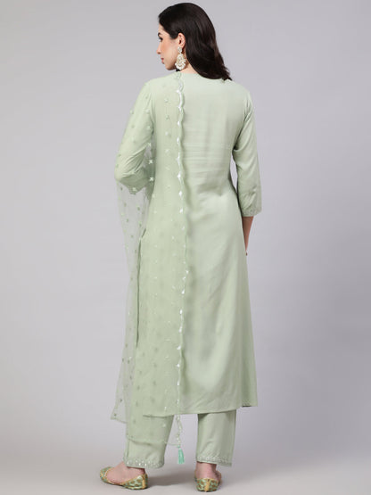 Women Green Embroidered Straight Kurta With Palazzo And Dupatta | LASVINI - Redefining Indian Fashion with Elegance