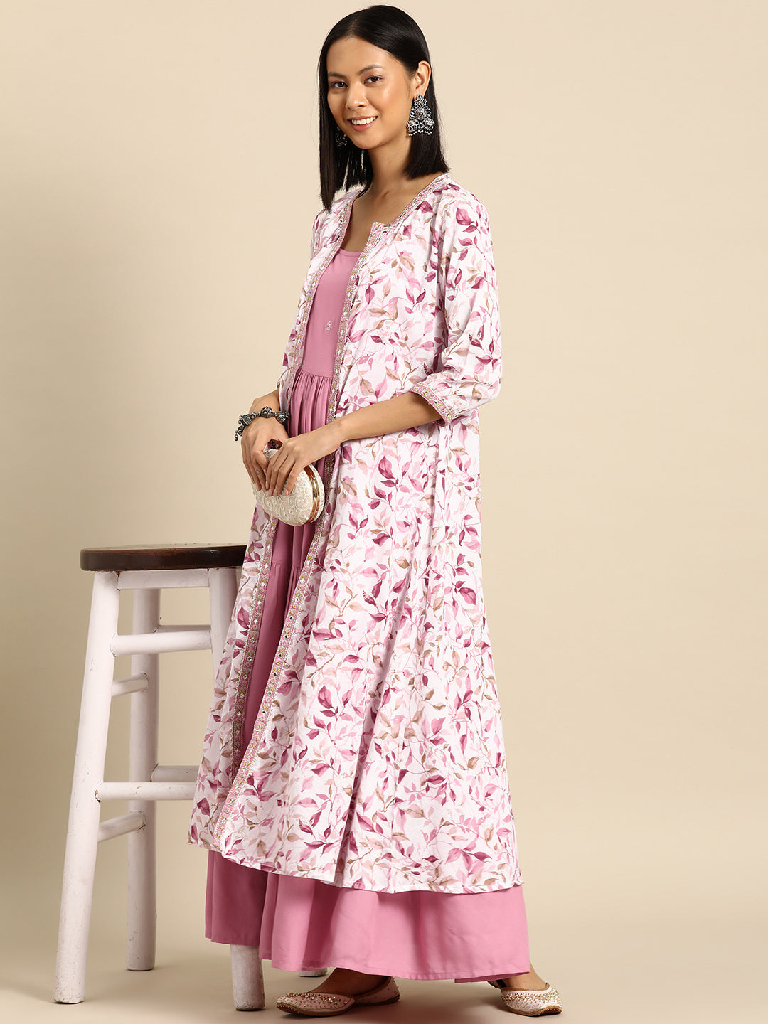 Women Pink Embroidered Flared Dress With Printed Jacket | LASVINI - Redefining Indian Fashion with Elegance