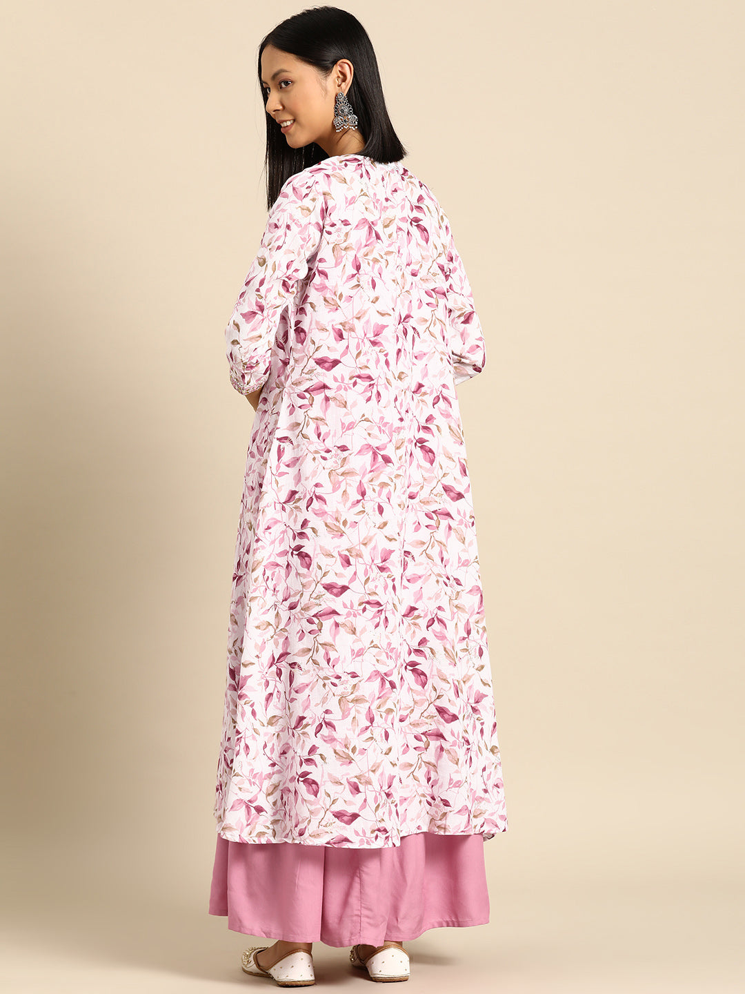 Women Pink Embroidered Flared Dress With Printed Jacket | LASVINI - Redefining Indian Fashion with Elegance