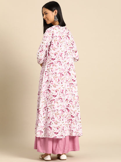 Women Pink Embroidered Flared Dress With Printed Jacket | LASVINI - Redefining Indian Fashion with Elegance