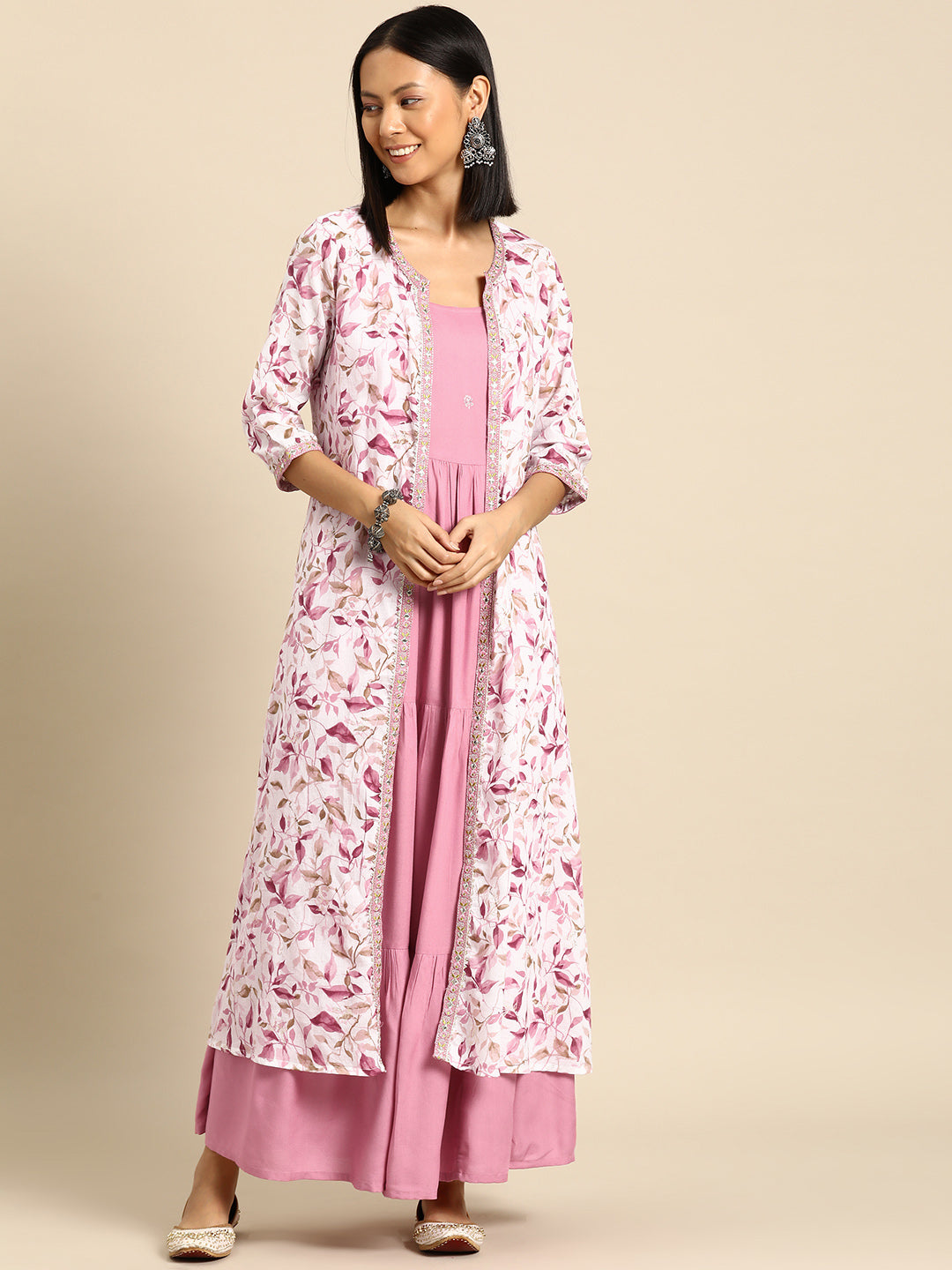 Women Pink Embroidered Flared Dress With Printed Jacket | LASVINI - Redefining Indian Fashion with Elegance