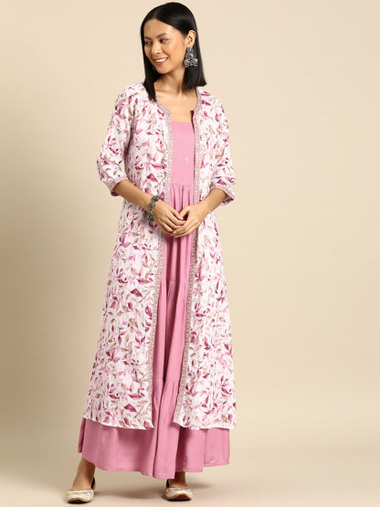 Women Pink Embroidered Flared Dress With Printed Jacket | LASVINI - Redefining Indian Fashion with Elegance