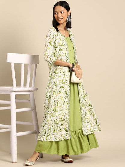 Women Green Embroidered Flared Dress With Printed Jacket | LASVINI - Redefining Indian Fashion with Elegance