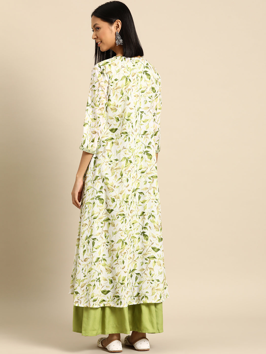 Women Green Embroidered Flared Dress With Printed Jacket | LASVINI - Redefining Indian Fashion with Elegance