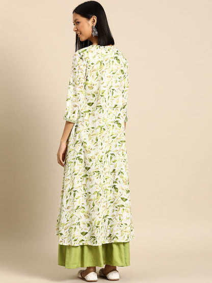 Women Green Embroidered Flared Dress With Printed Jacket | LASVINI - Redefining Indian Fashion with Elegance