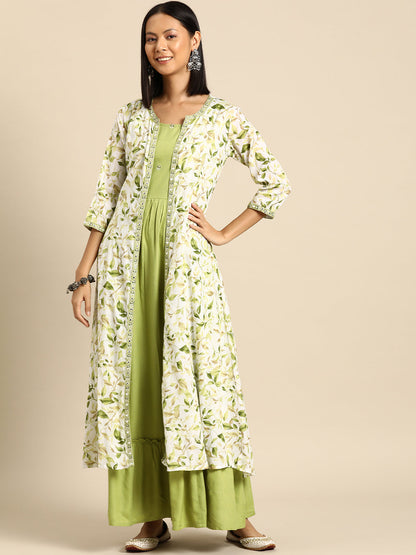 Women Green Embroidered Flared Dress With Printed Jacket | LASVINI - Redefining Indian Fashion with Elegance