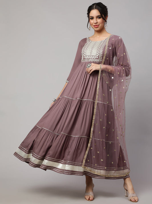 Women Taupe Embroidered Flared Dress With Net Dupatta | LASVINI - Redefining Indian Fashion with Elegance