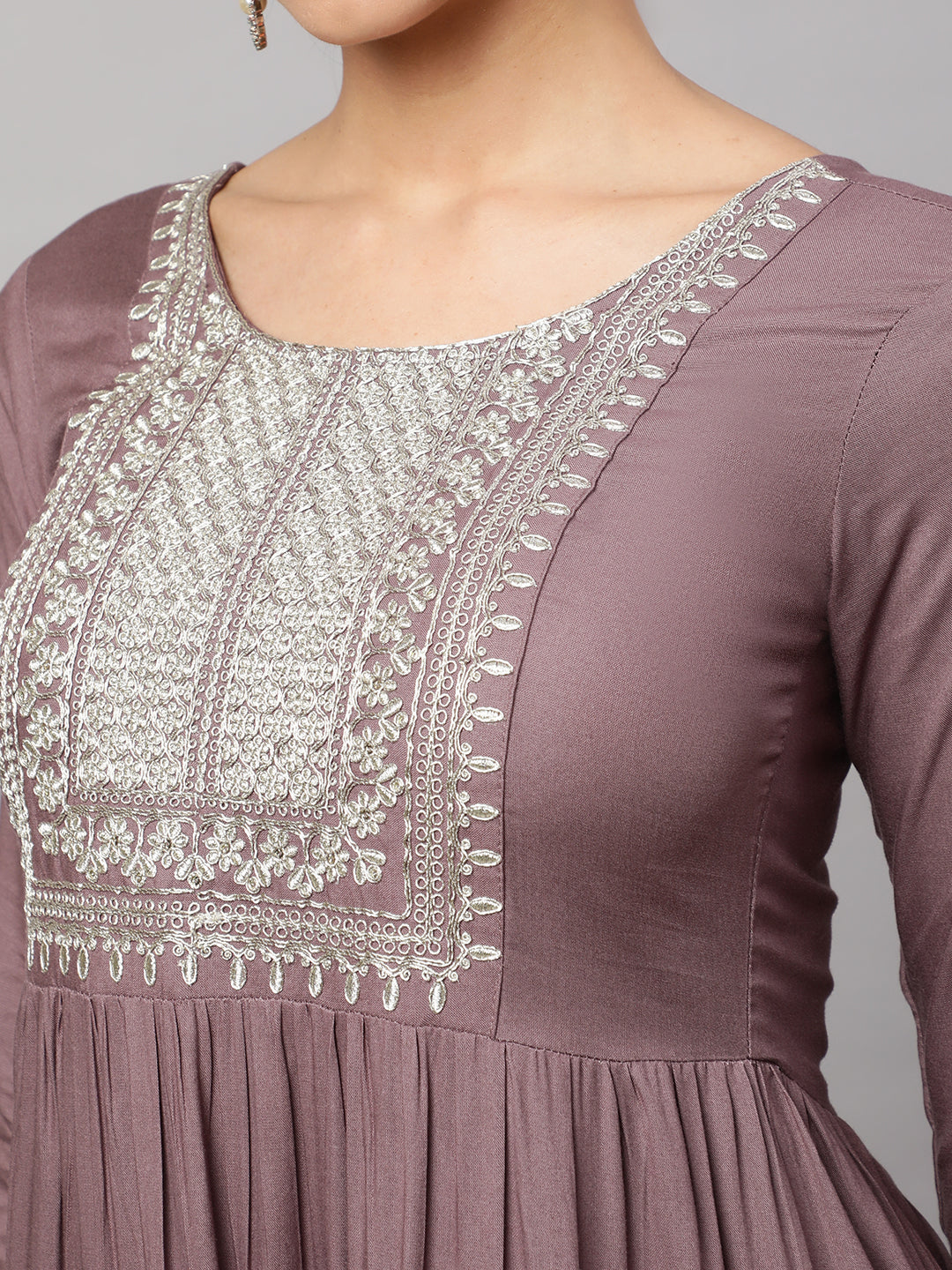 Women Taupe Embroidered Flared Dress With Net Dupatta | LASVINI - Redefining Indian Fashion with Elegance