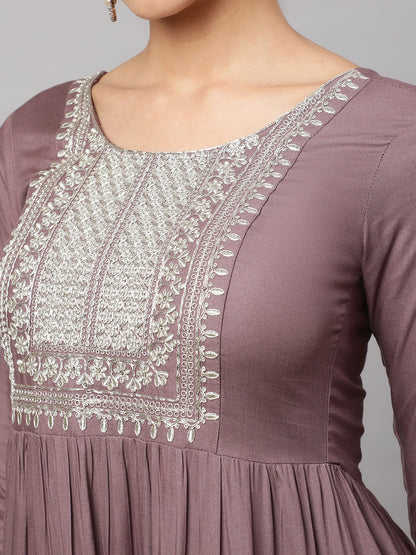 Women Taupe Embroidered Flared Dress With Net Dupatta | LASVINI - Redefining Indian Fashion with Elegance