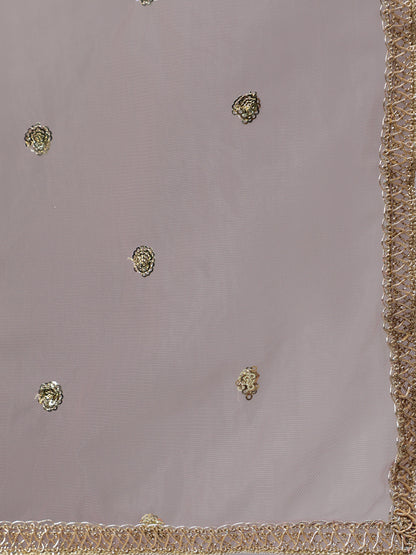 Women Taupe Embroidered Flared Dress With Net Dupatta | LASVINI - Redefining Indian Fashion with Elegance