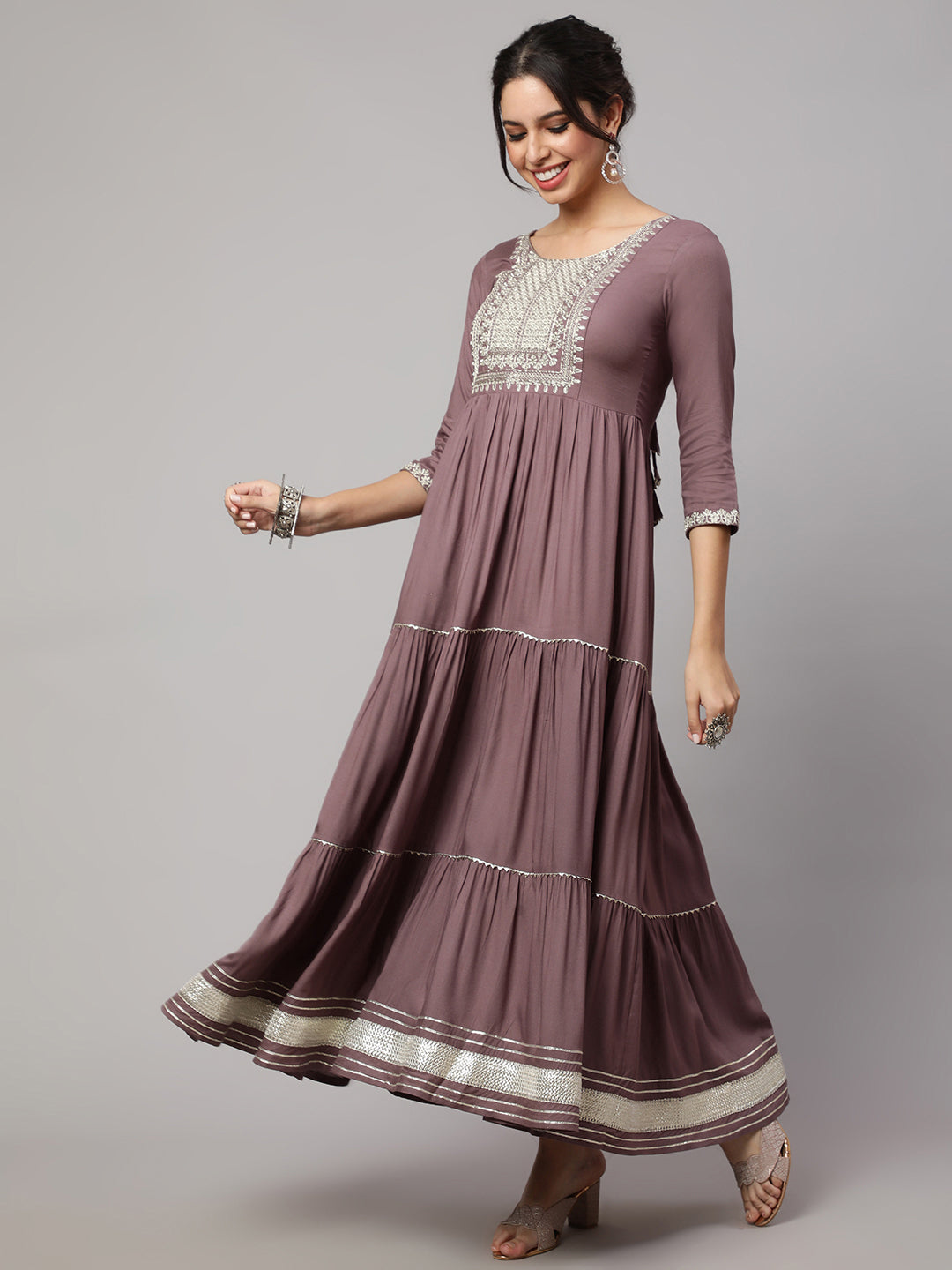 Women Taupe Embroidered Flared Dress With Net Dupatta | LASVINI - Redefining Indian Fashion with Elegance