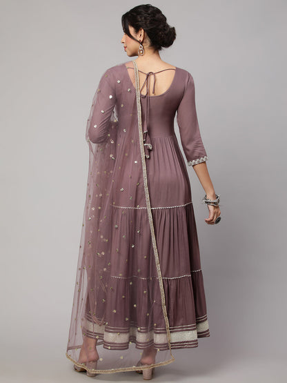 Women Taupe Embroidered Flared Dress With Net Dupatta | LASVINI - Redefining Indian Fashion with Elegance