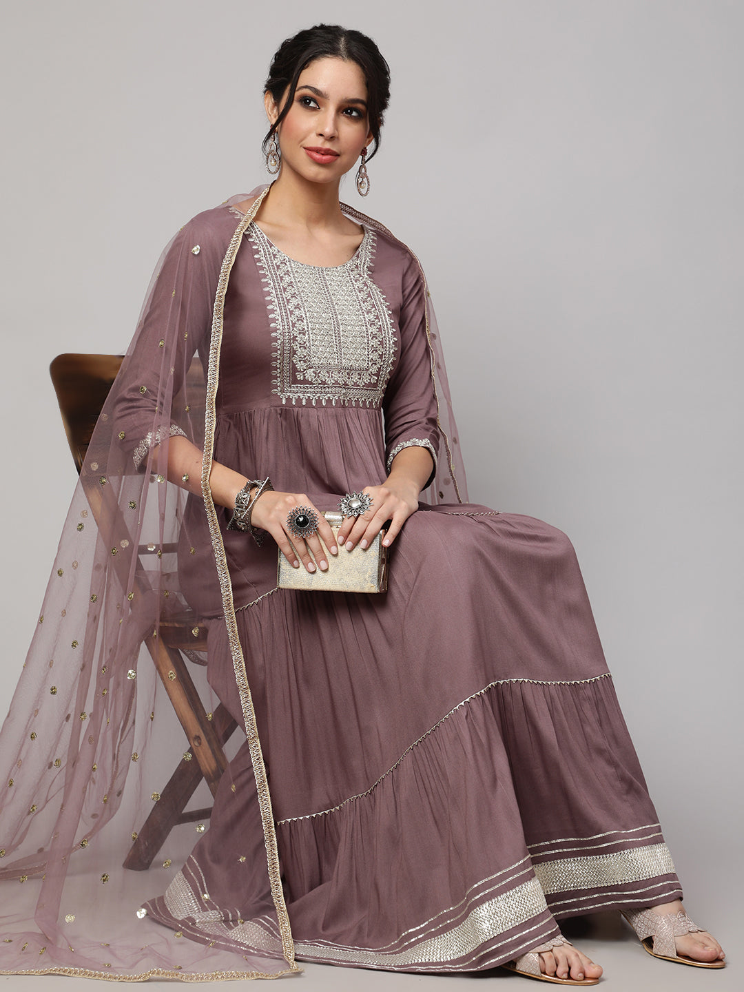 Women Taupe Embroidered Flared Dress With Net Dupatta | LASVINI - Redefining Indian Fashion with Elegance