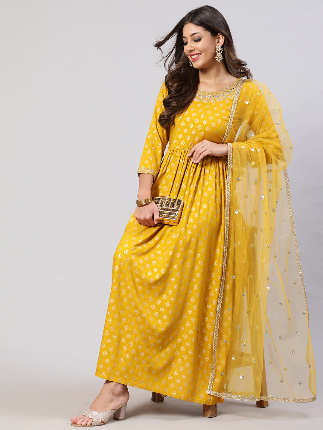 Women Yellow Embroidered Flared Dress With Scalloped Dupatta | LASVINI - Redefining Indian Fashion with Elegance
