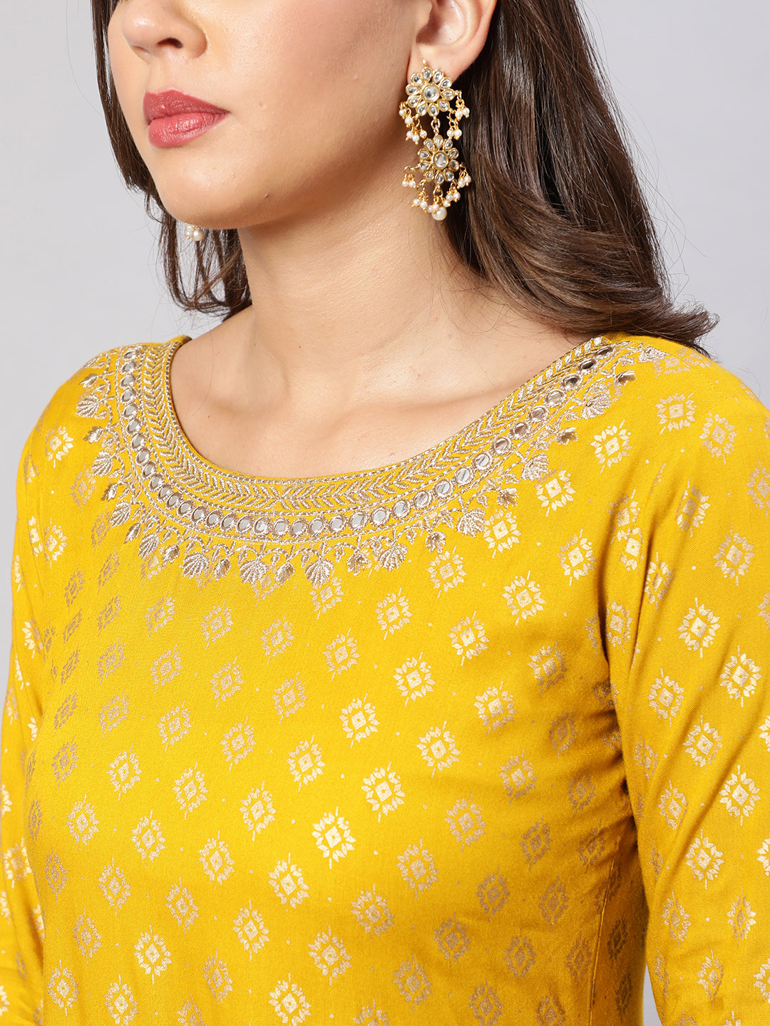 Women Yellow Embroidered Flared Dress With Scalloped Dupatta | LASVINI - Redefining Indian Fashion with Elegance