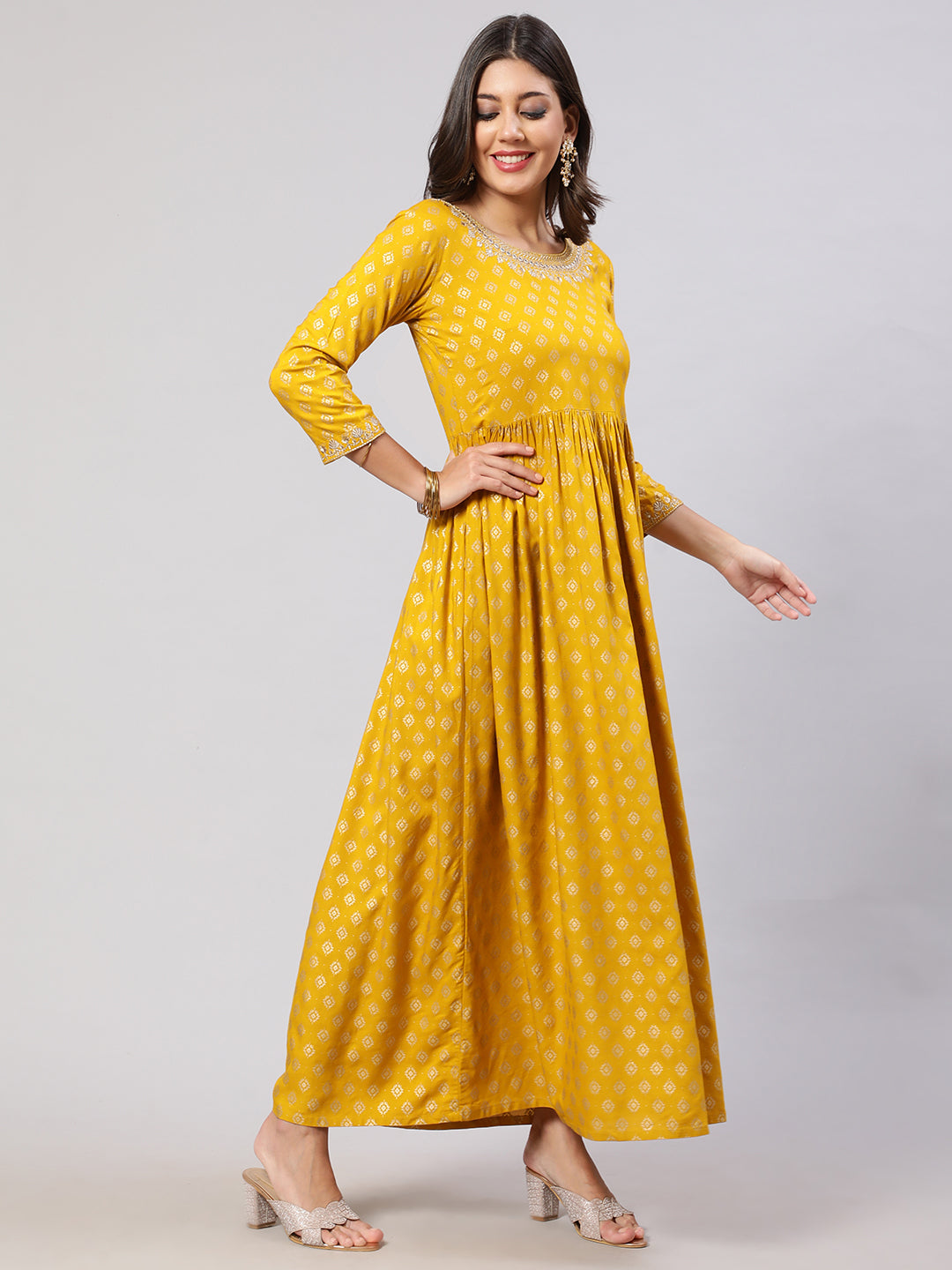 Women Yellow Embroidered Flared Dress With Scalloped Dupatta | LASVINI - Redefining Indian Fashion with Elegance