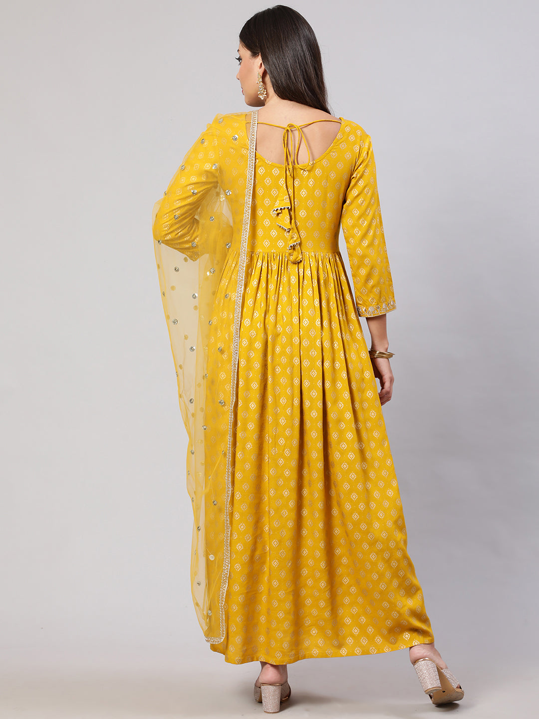 Women Yellow Embroidered Flared Dress With Scalloped Dupatta | LASVINI - Redefining Indian Fashion with Elegance