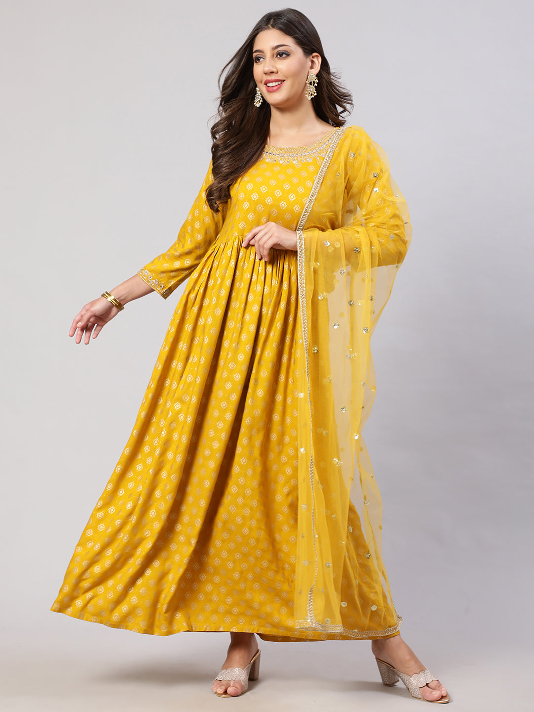 Women Yellow Embroidered Flared Dress With Scalloped Dupatta | LASVINI - Redefining Indian Fashion with Elegance