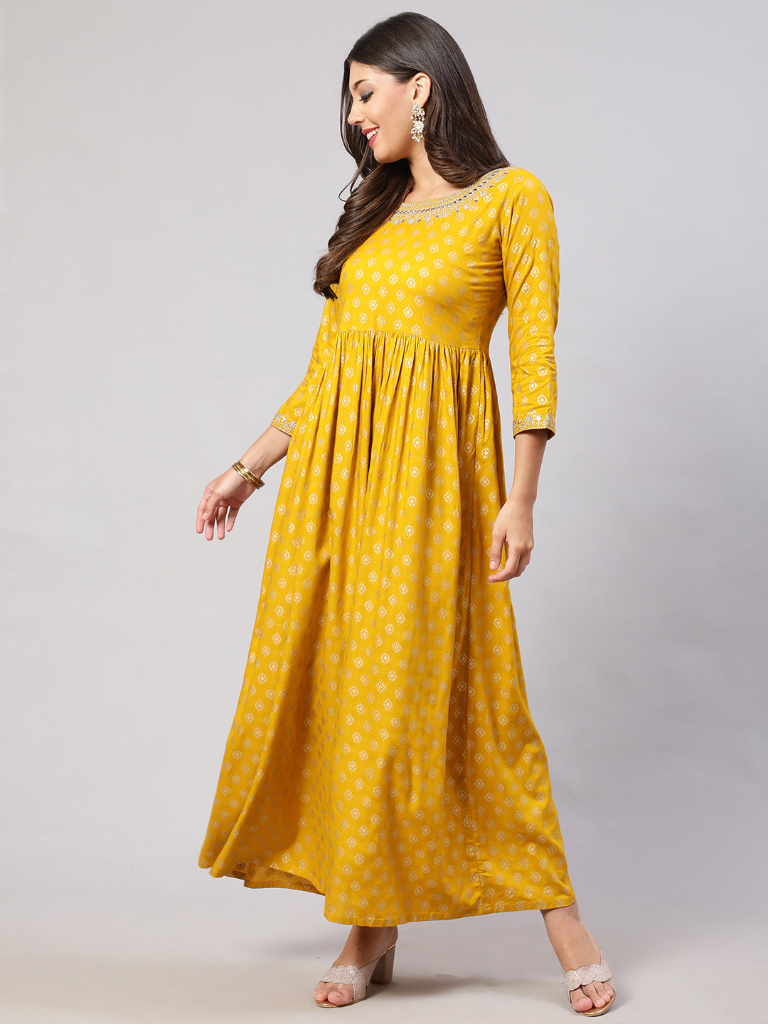 Women Yellow Embroidered Flared Dress With Scalloped Dupatta | LASVINI - Redefining Indian Fashion with Elegance