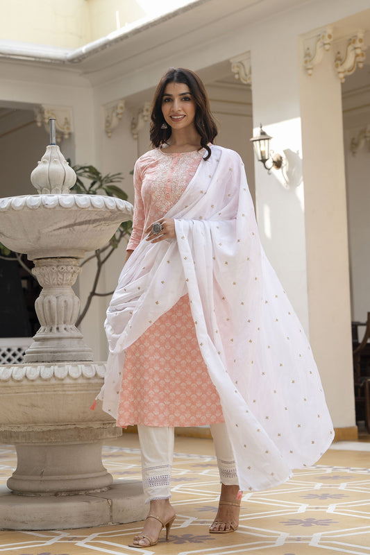 Women Pink Embroidered Straight Kurta With Trouser And Dupatta | LASVINI - Redefining Indian Fashion with Elegance