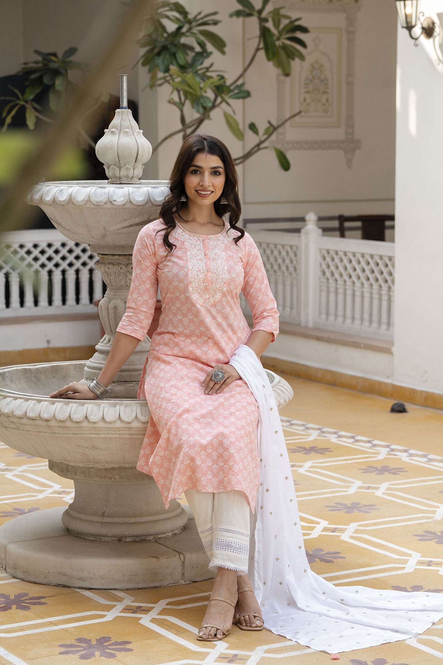 Women Pink Embroidered Straight Kurta With Trouser And Dupatta | LASVINI - Redefining Indian Fashion with Elegance