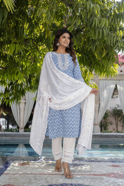 Women Blue Embroidered Straight Kurta With Trouser And Dupatta | LASVINI - Redefining Indian Fashion with Elegance